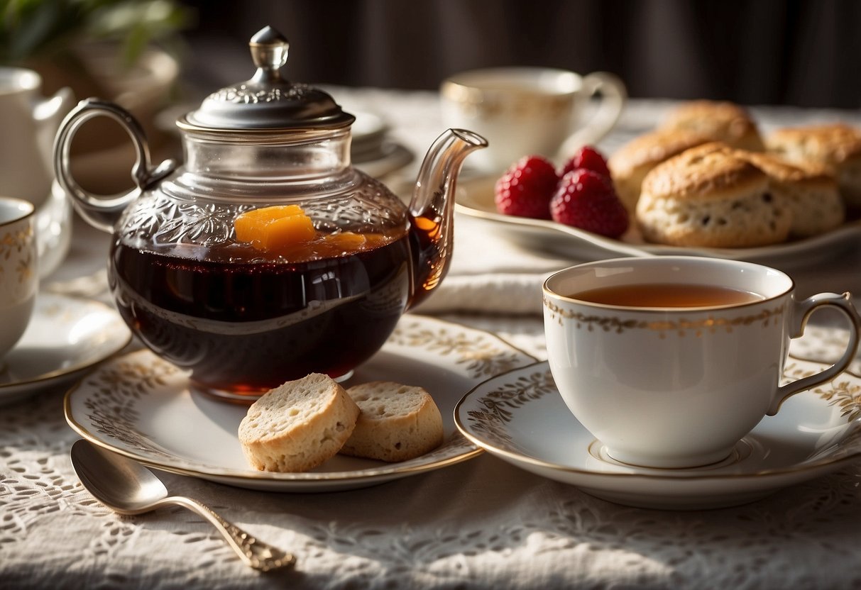 A teapot pours Earl Grey and English Breakfast tea into delicate china cups on a lace tablecloth, surrounded by scones and jam