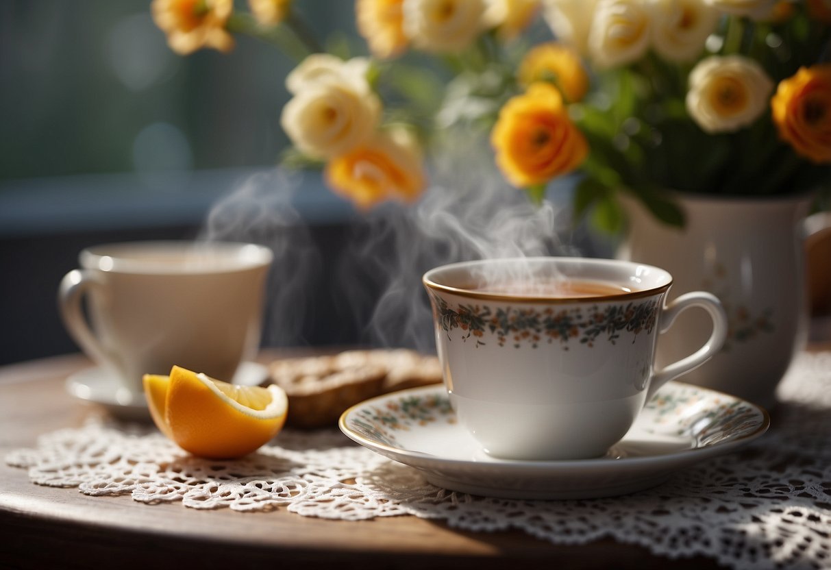 A steaming cup of Earl Grey faces off against a robust English Breakfast, set on a table with a lace doily and a vase of fresh flowers