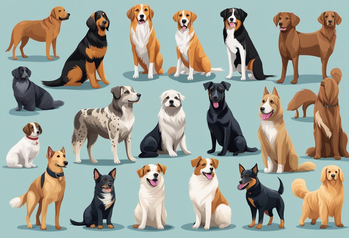 Dogs of various breeds and sizes exhibit different personalities, from playful and energetic to calm and loyal. A group of dogs with distinct traits and names