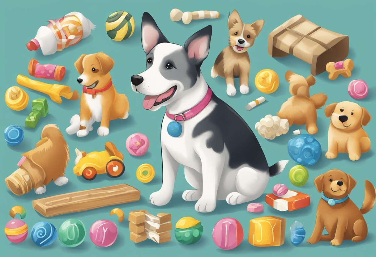 A dog with a wagging tail and a playful expression, surrounded by toys and treats with names like "Buddy" and "Joy" on them