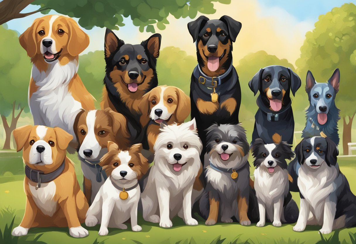 A group of dogs with various personalities and traits, such as a playful pup, a wise old dog, and a daring adventurer, are gathered in a park, each displaying their unique characteristics
