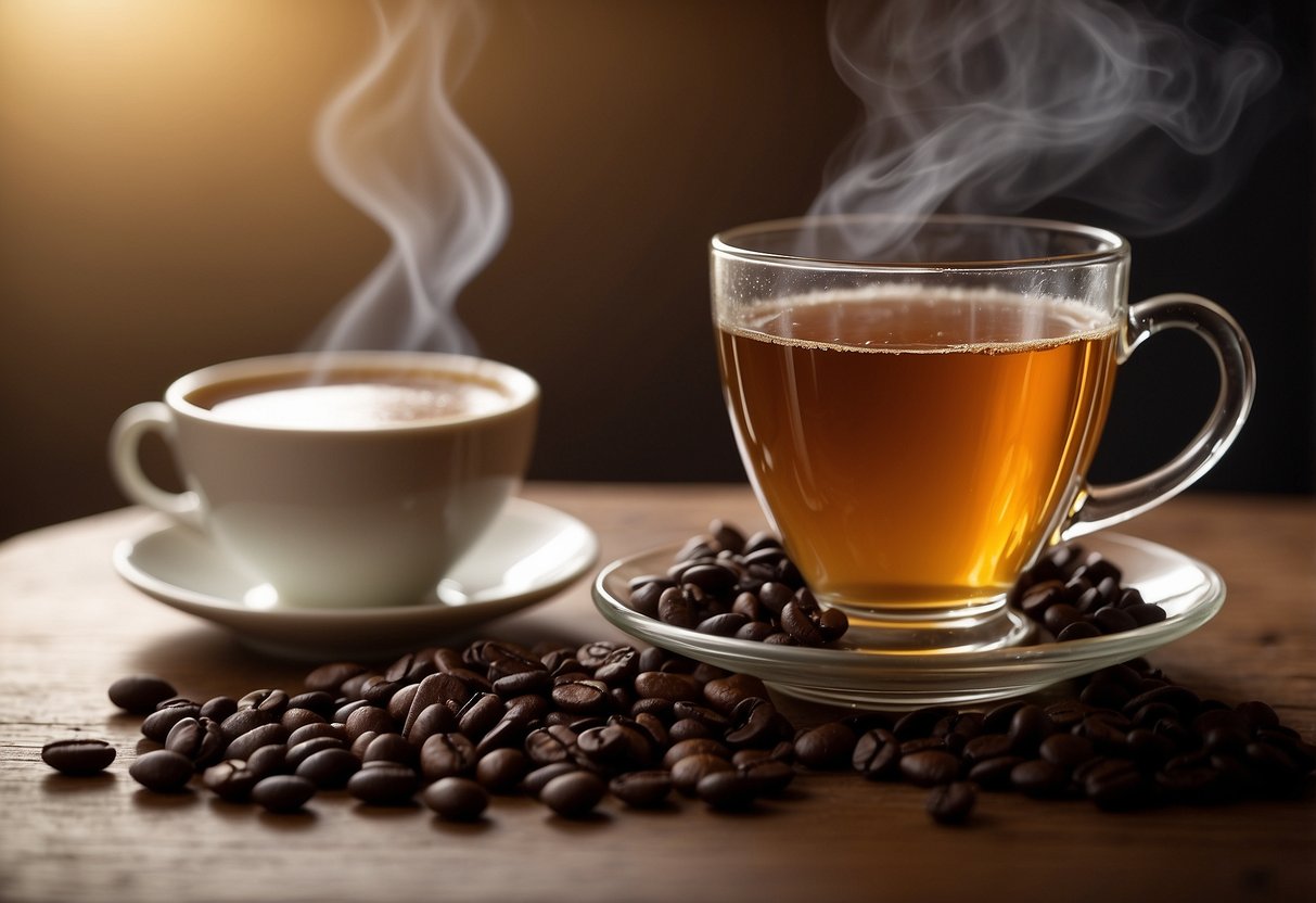 A steaming cup of tea with a rich, robust aroma, surrounded by coffee beans and a subtle hint of sweetness