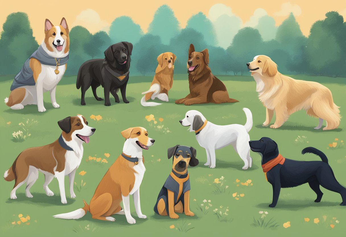 A group of dogs with names like "Frodo," "Hermione," and "Thor" play in a park, each embodying the traits of their fictional namesakes