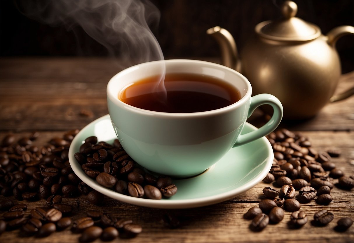 A steaming cup of coffee-flavored tea sits on a rustic wooden table, surrounded by coffee beans and a vintage teapot. A warm, inviting atmosphere is suggested by soft lighting and a cozy setting