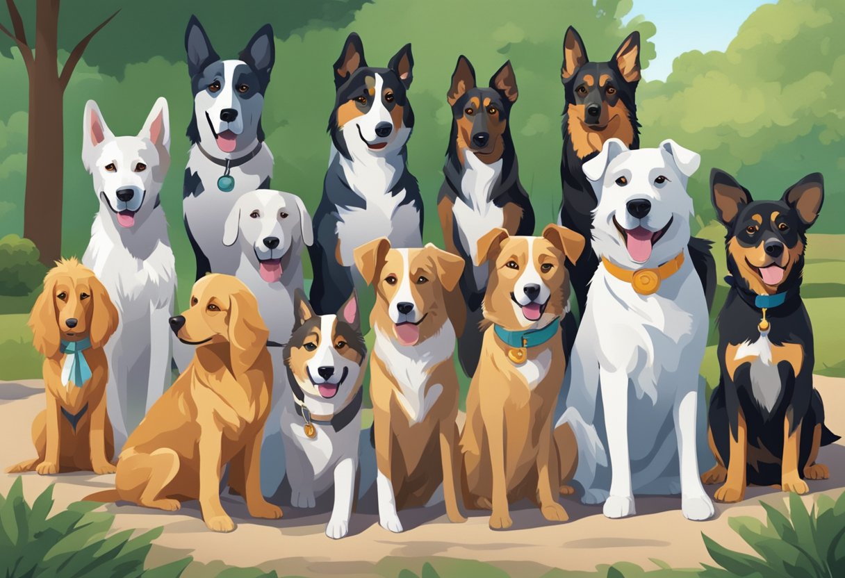 A pack of dogs with various personalities, such as loyal, playful, and intelligent, are gathered in a park, each responding to their unique name