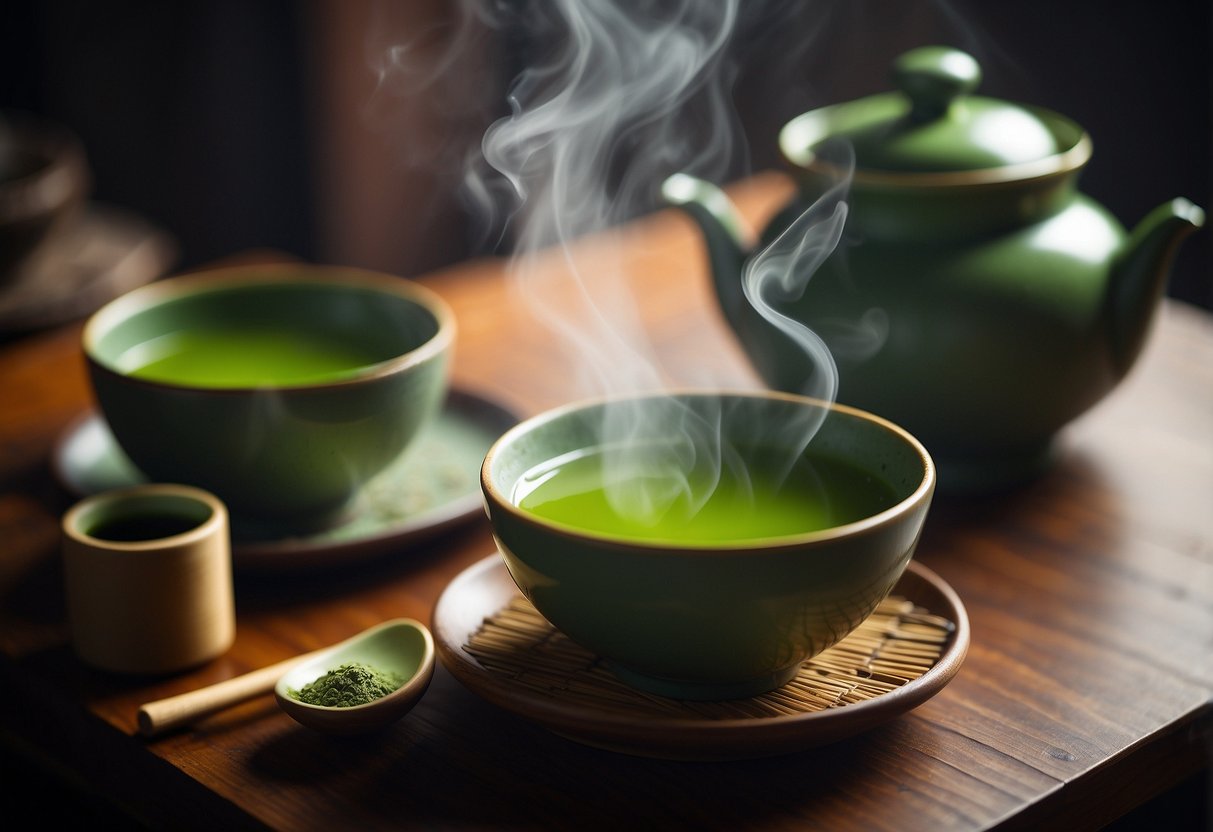 A traditional Japanese tea ceremony with a steaming cup of sencha and a bowl of vibrant green matcha on a wooden table