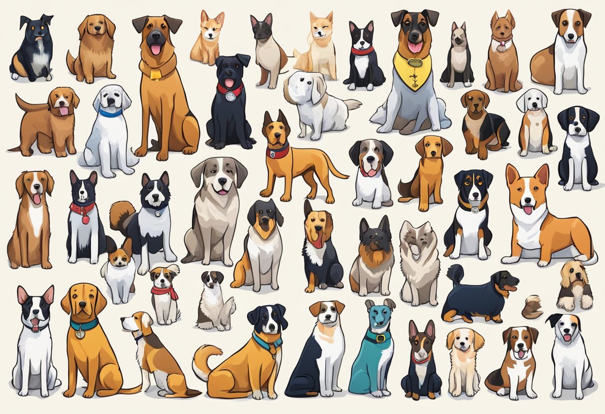A variety of dogs with different personalities and traits are gathered, each with a name tag reflecting their unique qualities