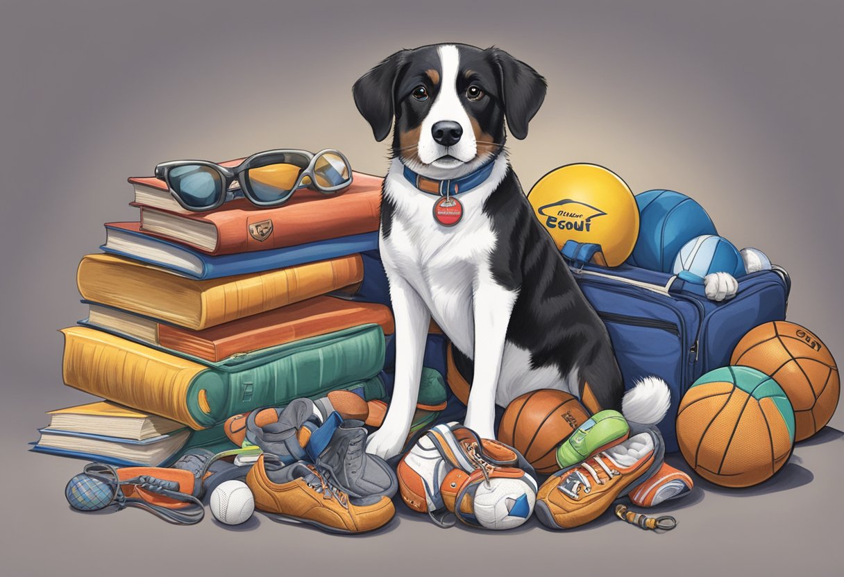 A dog surrounded by toys, books, and sports equipment, with a name tag reading "Scout" or "Bandit" inspired by personal interests and hobbies