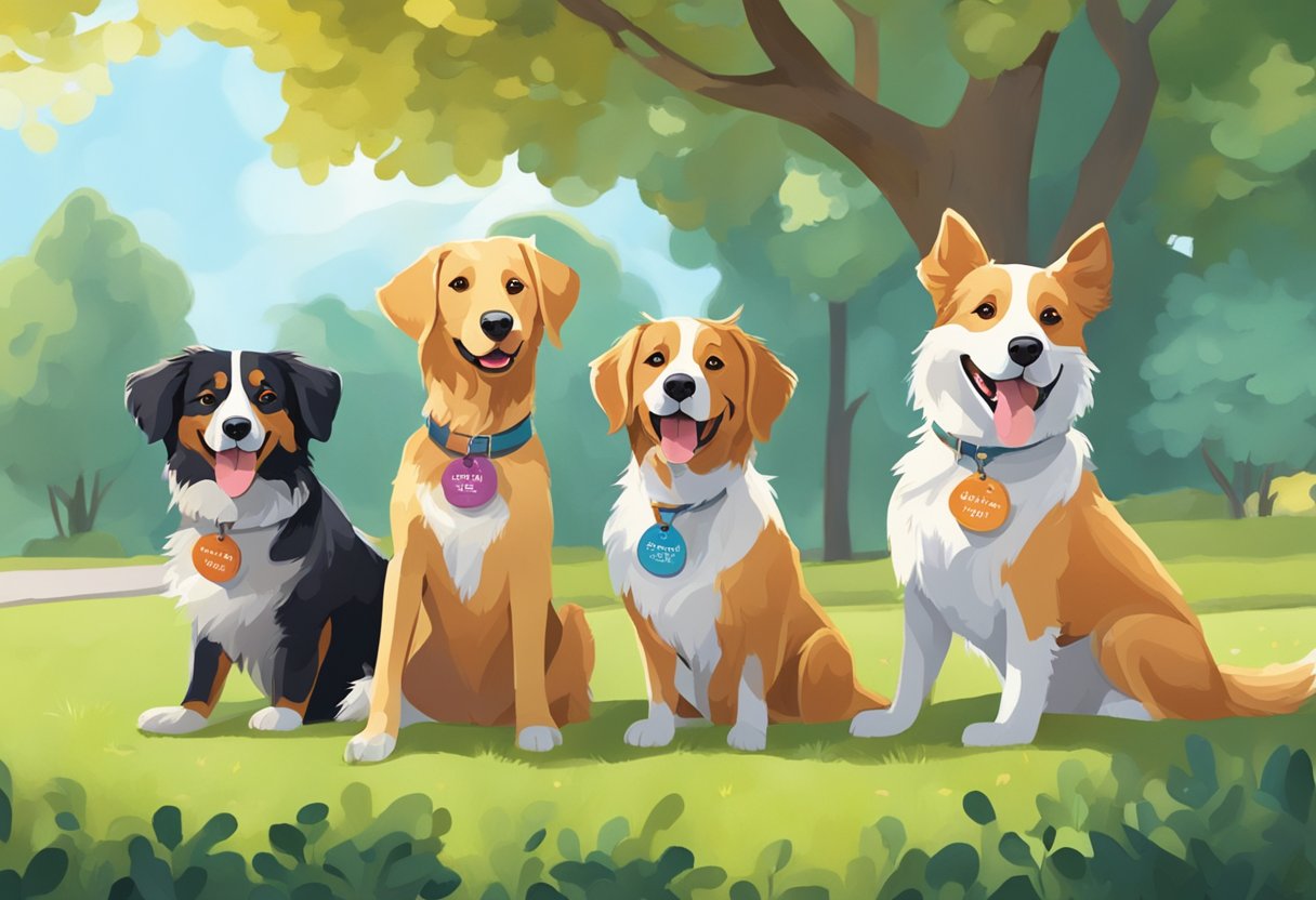 A group of playful dogs with name tags like "Brave," "Joyful," and "Loyal," frolicking in a sunny park