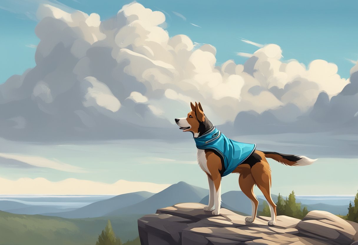 A dog with a bandana stands on a rocky cliff, gazing out at a vast, rugged landscape. The wind blows through its fur as it looks ready for adventure