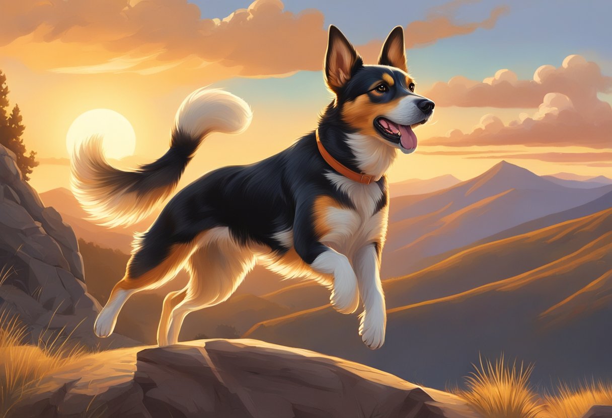 A spirited dog bounds through a rugged landscape, its ears flying back and its tail wagging with excitement. The sun sets behind a mountain, casting a warm glow over the scene