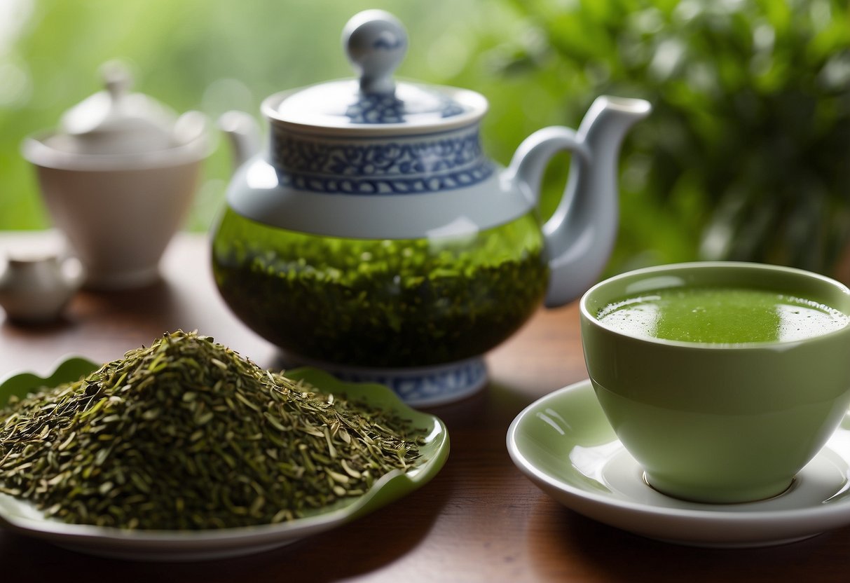 A steaming cup of sencha and matcha sit side by side, surrounded by vibrant green tea leaves and a decorative teapot