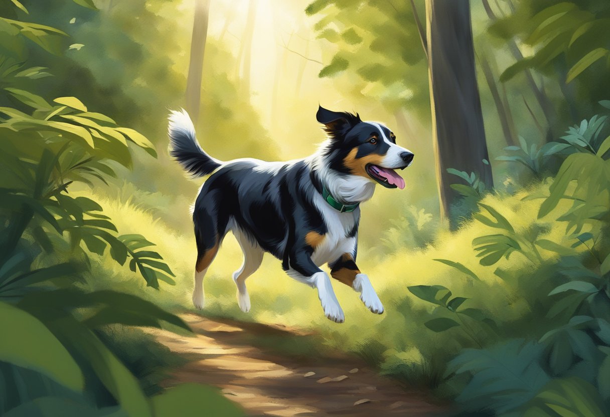 A dog running through a lush forest, with sunlight filtering through the trees and a gentle breeze rustling the leaves