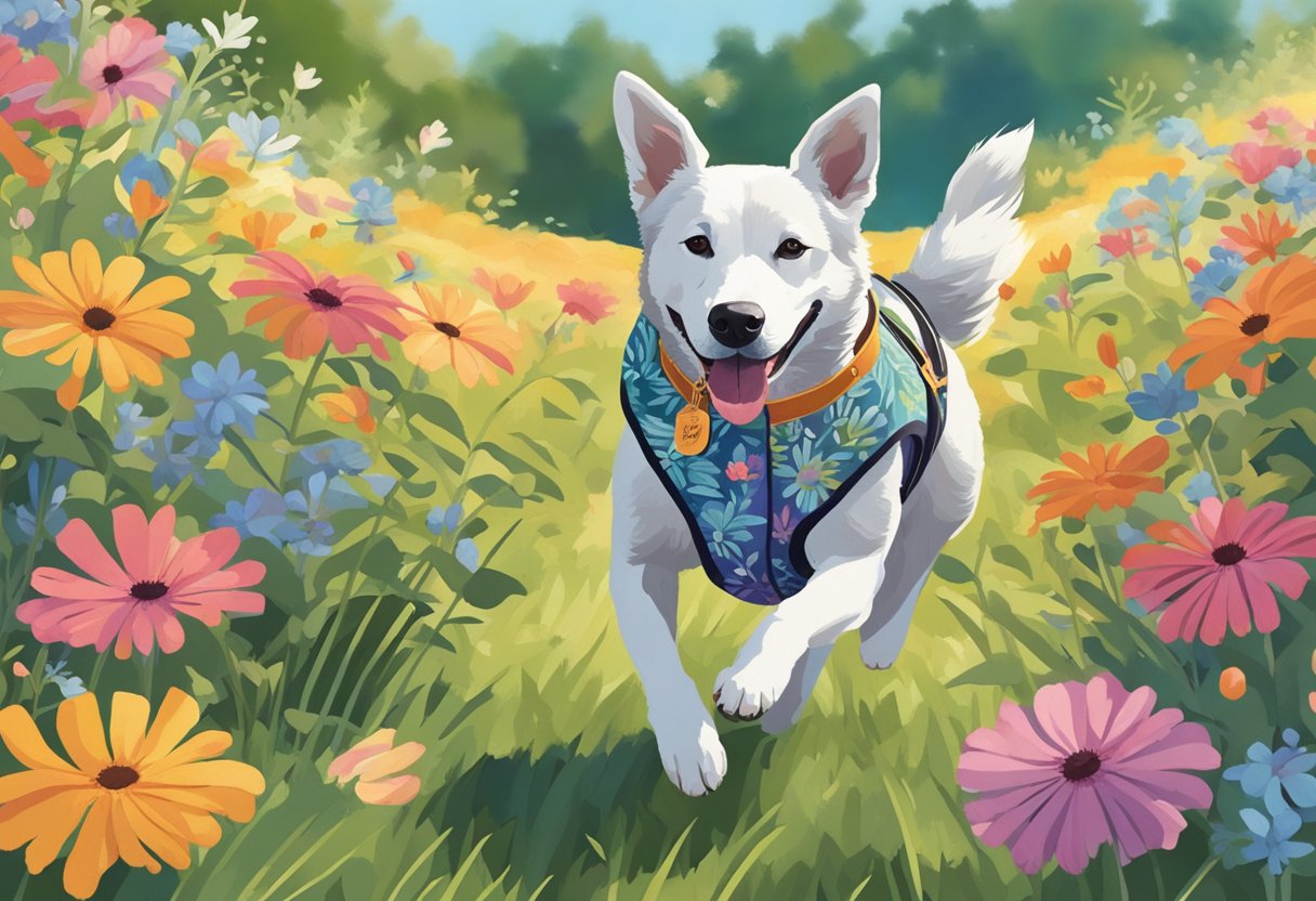A colorful dog running through a field of patterned flowers and leaves, with a name tag reading "Adventurous" on its collar