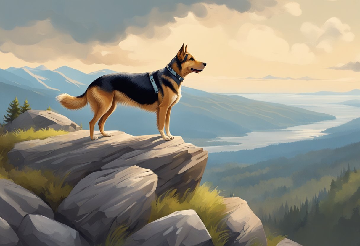 A brave dog stands on a rocky cliff, gazing out at a vast, wild landscape with a sense of determination and excitement