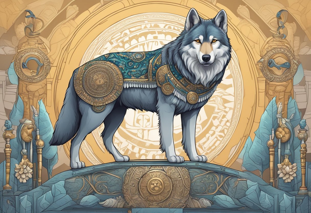 A majestic wolf-like dog stands proudly surrounded by ancient cultural and mythological symbols, evoking a sense of adventure and mystery