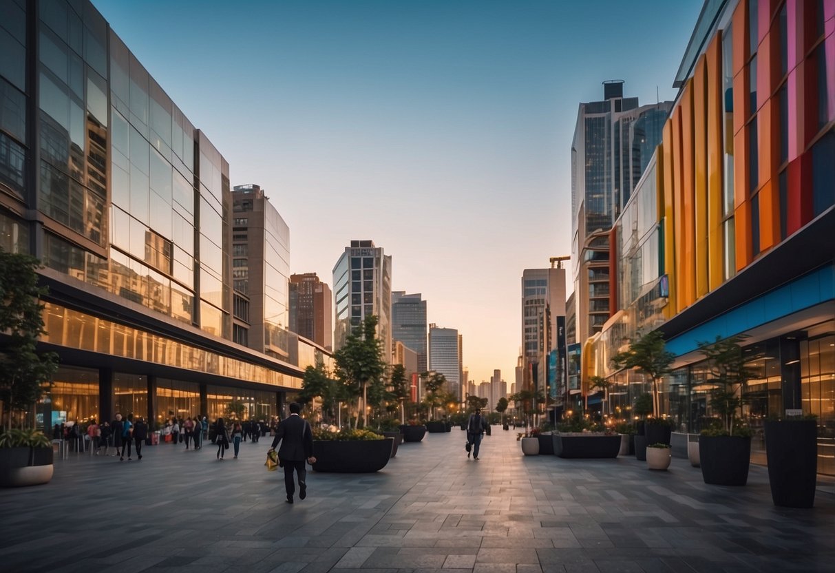 A bustling city street with modern architecture and vibrant colors, with a mix of traditional and contemporary elements