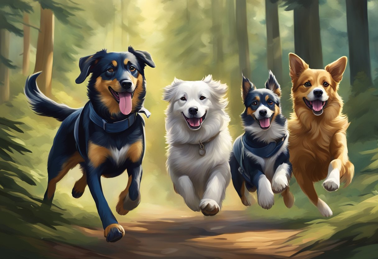A group of dogs with unique names are running through a forest, their adventurous spirits evident in their playful expressions and energetic movements