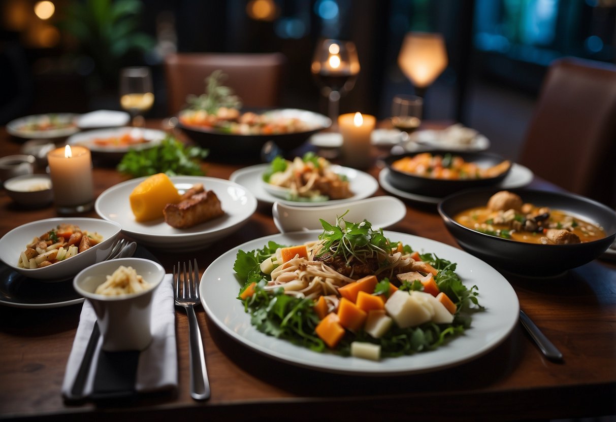 A table set with various dishes, from traditional to modern, surrounded by vibrant decor and dim lighting at Menu Rubato Singapore