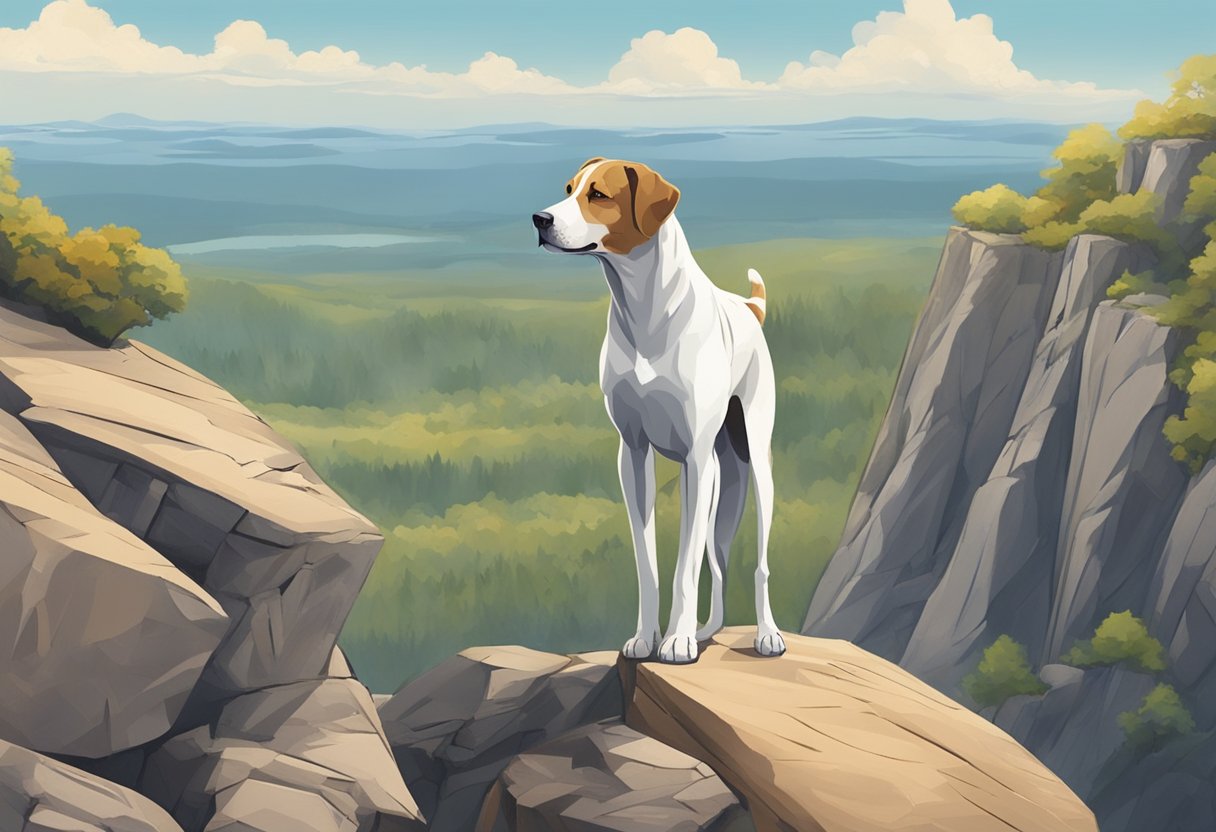 A dog standing proudly on a rocky cliff, with a vast and rugged landscape in the background, symbolizing courage and adventure