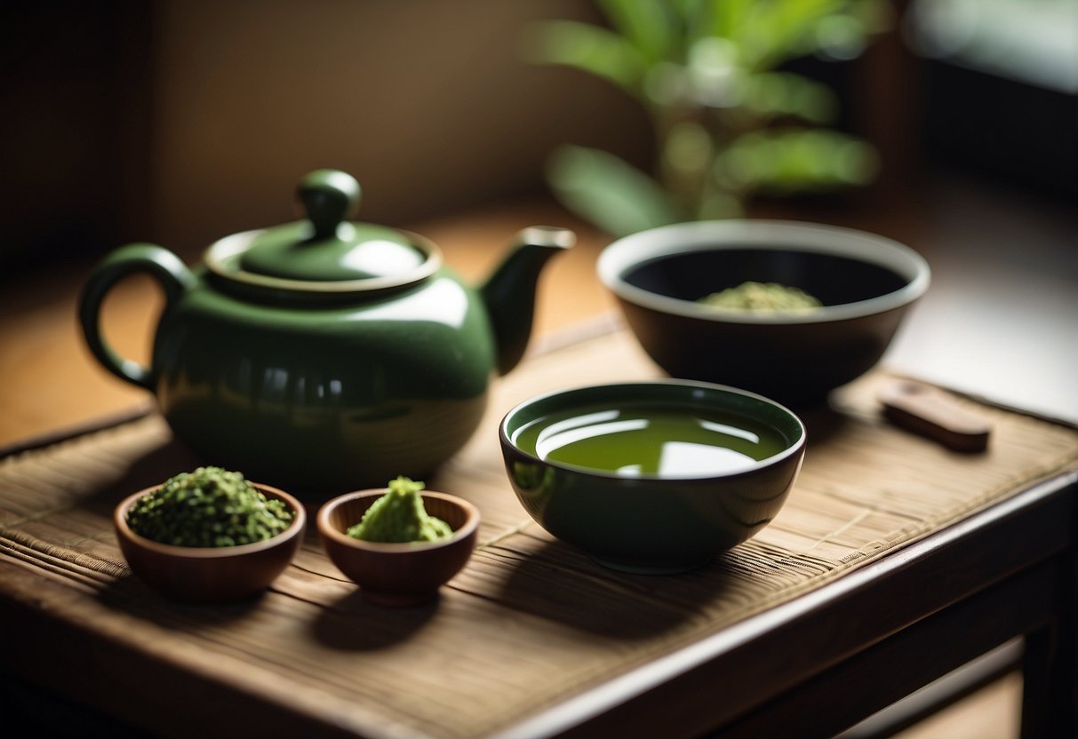 A traditional Japanese tea ceremony showcases the cultural significance of sencha and matcha, with carefully prepared tea utensils and serene surroundings