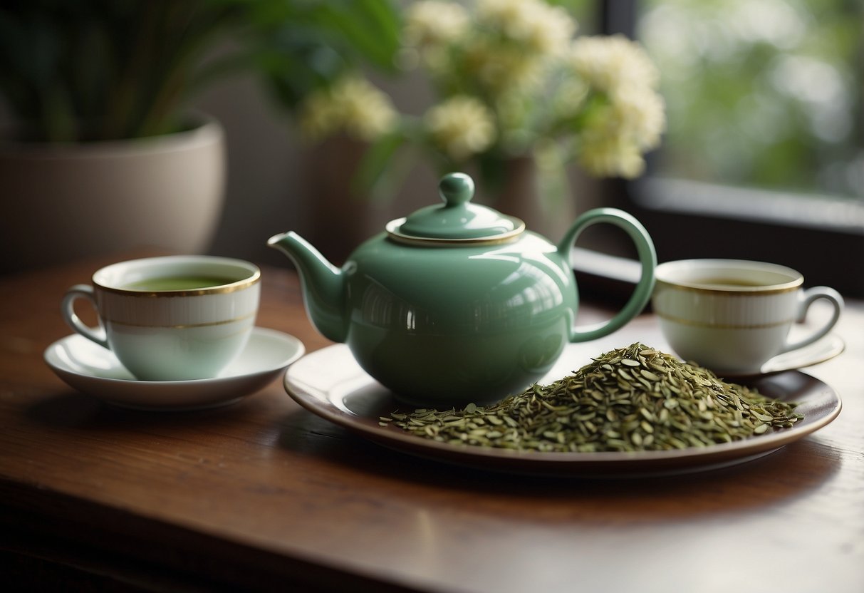 A table with a teapot, teacups, and a bowl of sencha and matcha tea leaves. A price tag and accessibility sign are visible