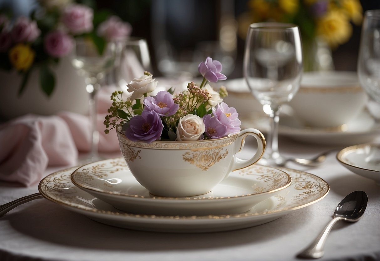 A table set with elegant silverware and fine china, adorned with a vibrant floral centerpiece. Soft ambient lighting creates a warm and inviting atmosphere, as the aroma of exquisite dishes fills the air