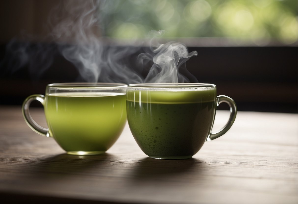 A steaming cup of sencha and matcha side by side on a wooden table, surrounded by delicate Japanese teaware and a serene, minimalist backdrop