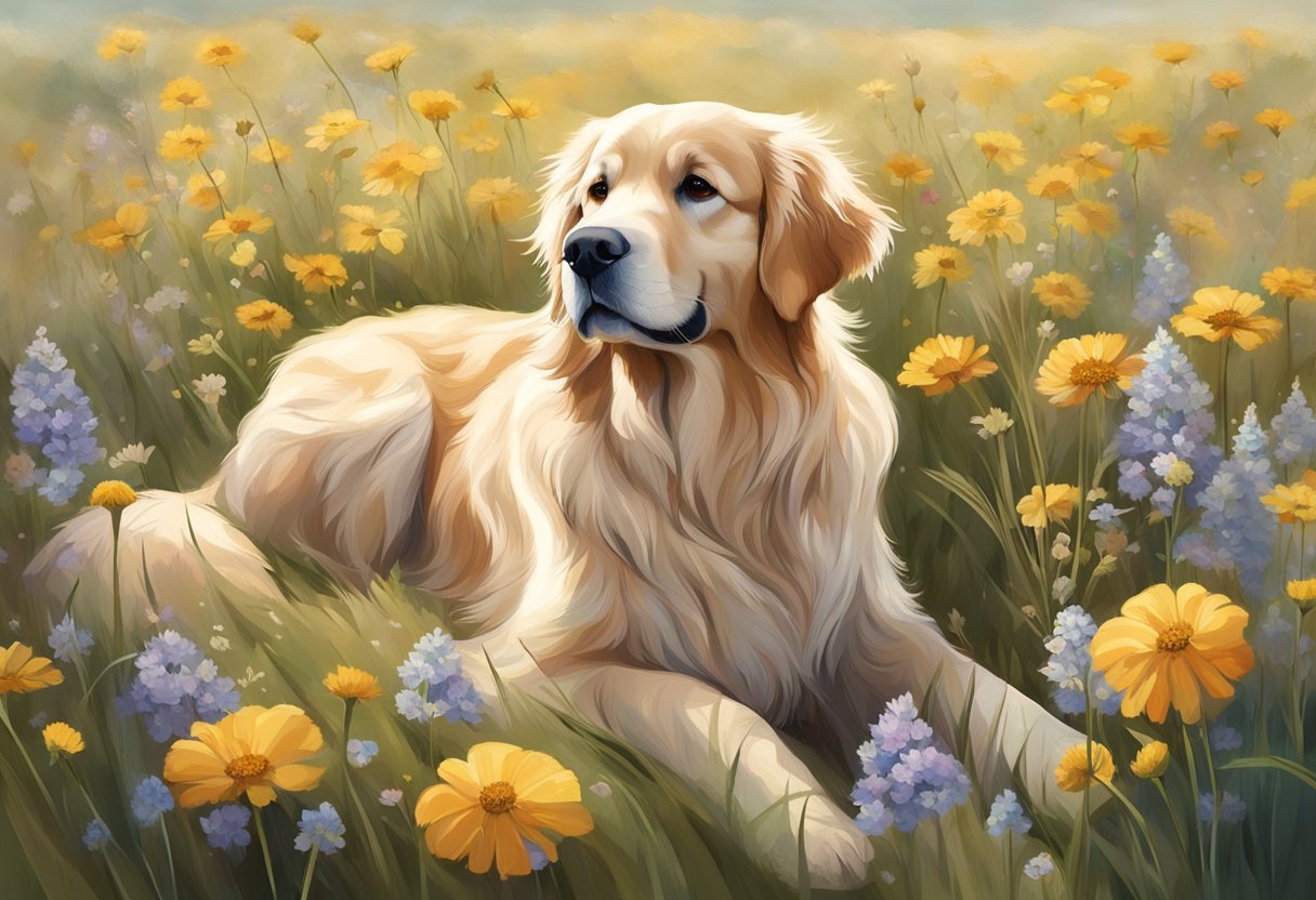 A fluffy golden retriever sits calmly, surrounded by a field of wildflowers, with a soft breeze ruffling its fur