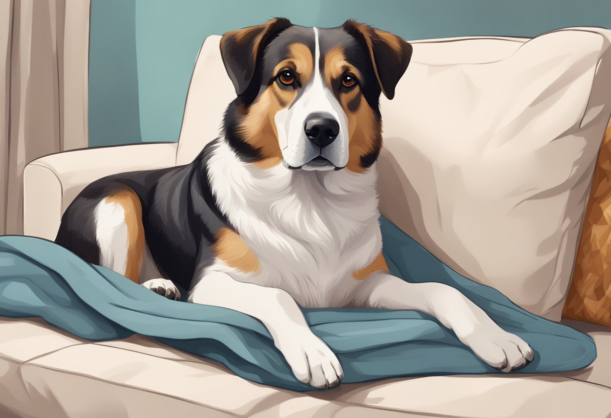 A calm dog sitting with a serene expression, surrounded by soft, comforting elements like pillows and blankets