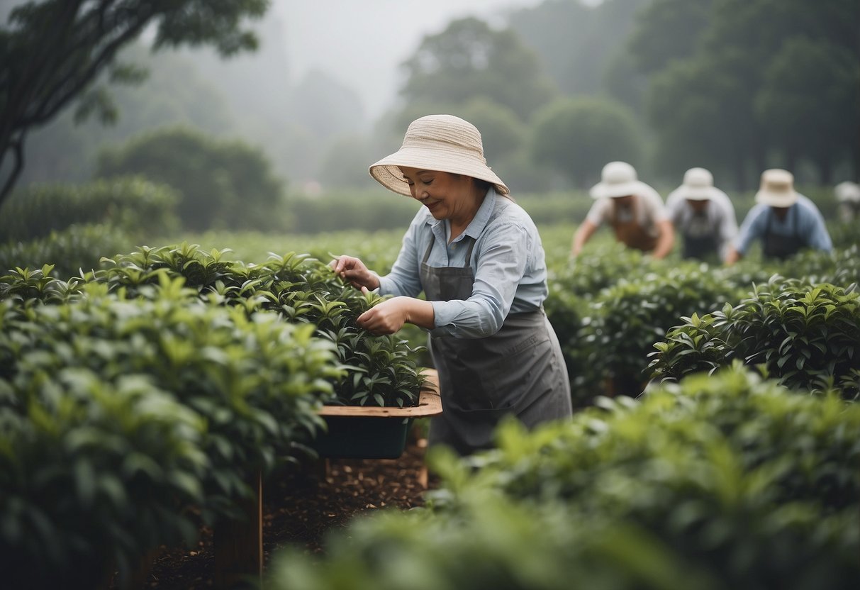 Lady Grey tea leaves being picked in a lush, misty garden, while Earl Grey leaves are being harvested in a bustling, smoky city