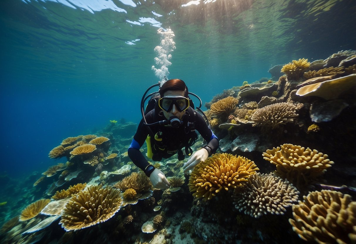 Crystal clear waters of Singapore reveal vibrant coral reefs and colorful marine life as scuba divers explore the underwater world