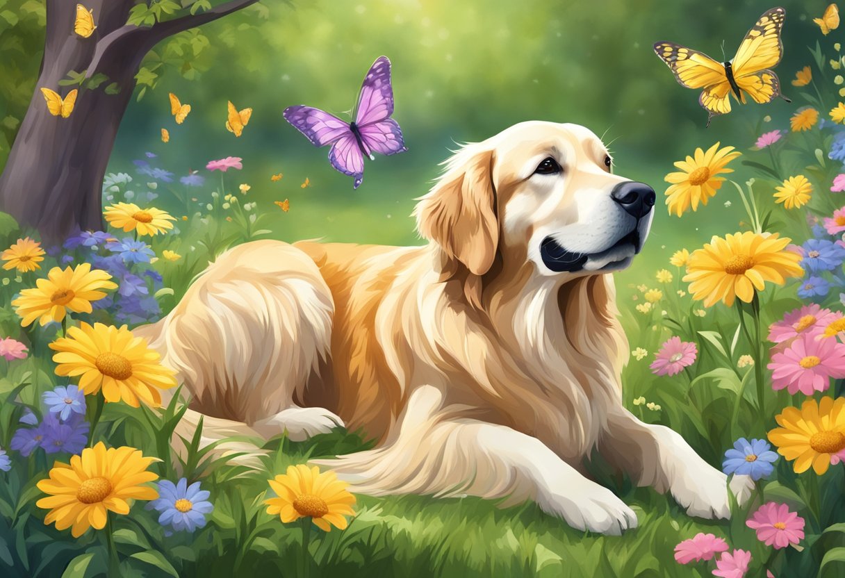 A peaceful meadow with a golden retriever lying under a tree, surrounded by flowers and butterflies