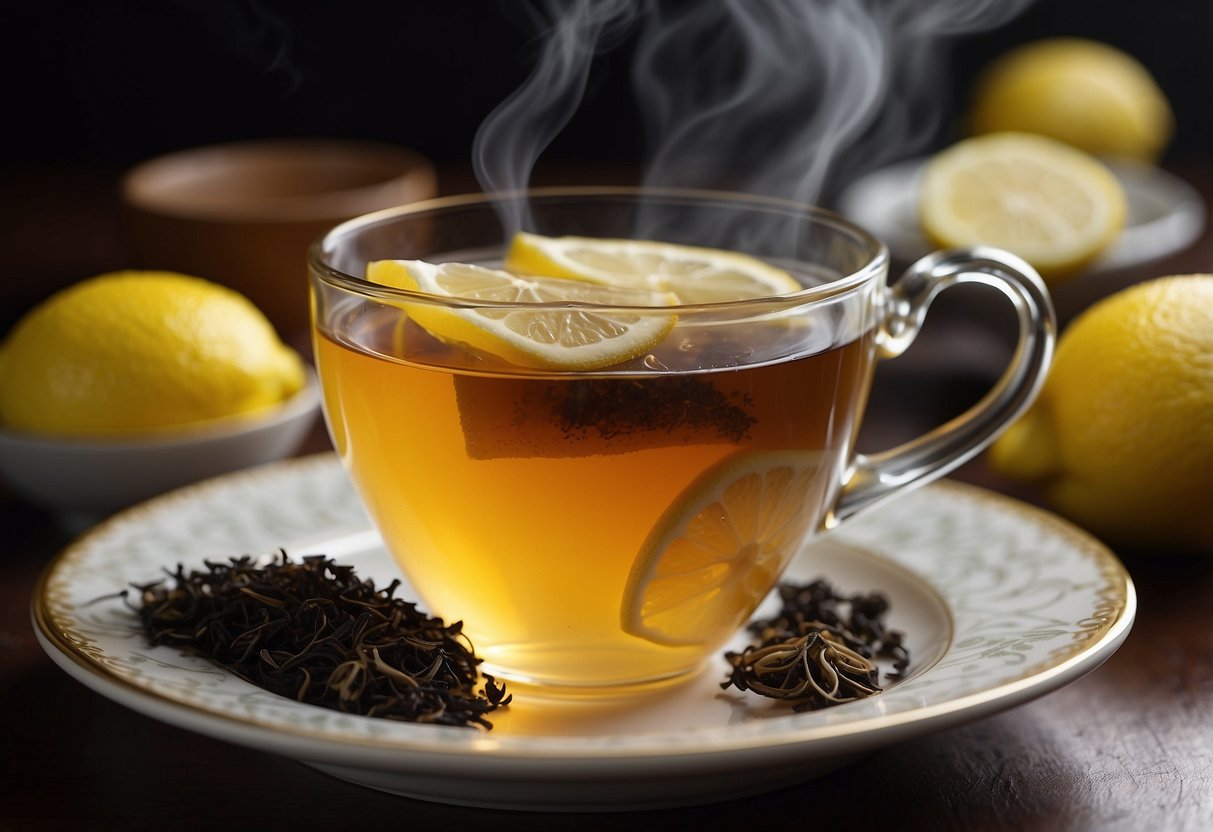 A steaming cup of Earl Grey tea with bergamot, black tea leaves, and a slice of lemon on a saucer