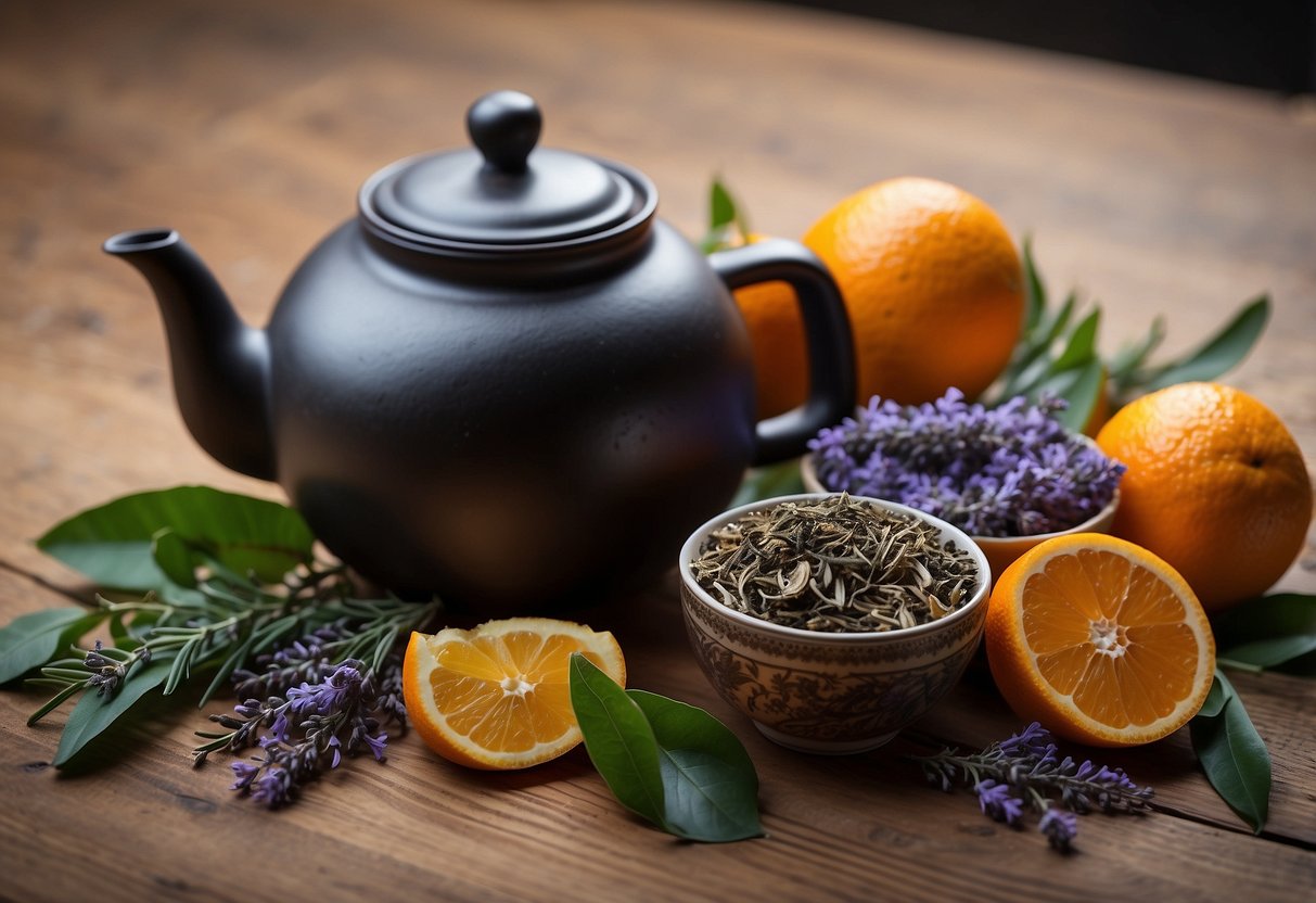 A teapot surrounded by loose tea leaves, bergamot oranges, and lavender sprigs on a wooden table