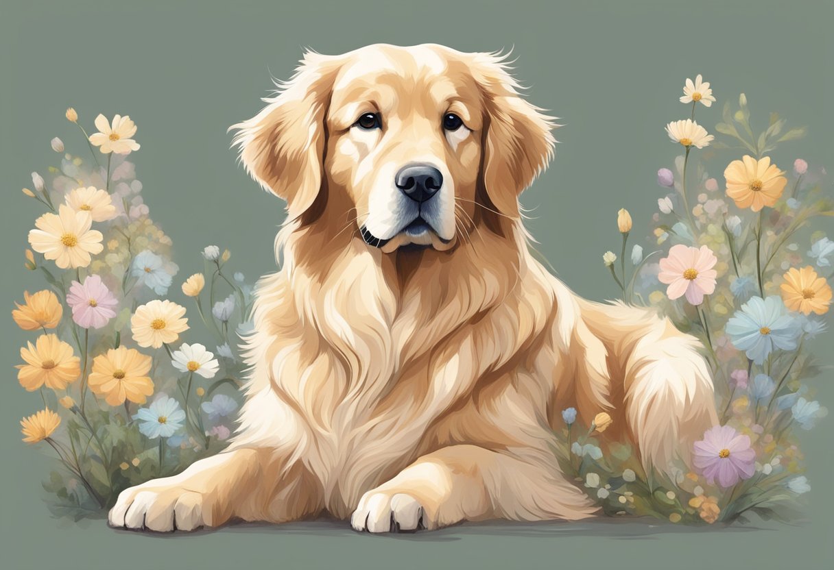 A fluffy, golden retriever sits calmly, surrounded by soft pastel colors and delicate flowers, embodying the essence of gentle and nurturing energy