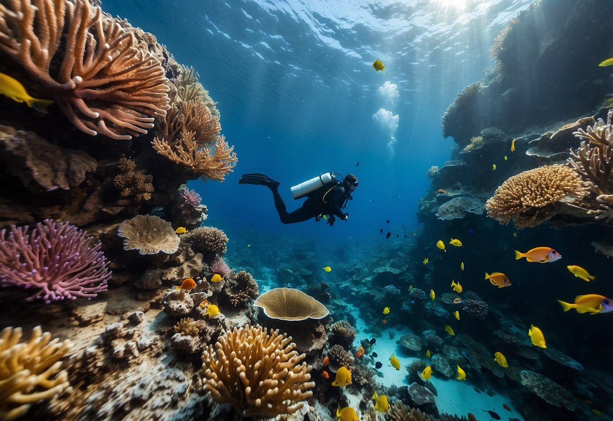 Crystal clear waters surround a diver descending into a vibrant coral reef, teeming with colorful fish and marine life in Singapore's scuba diving spot