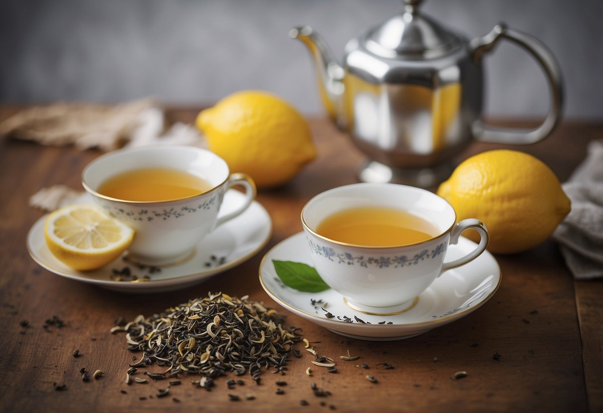 A table with two teacups, one labeled "Lady Grey" and the other "Earl Grey," surrounded by scattered tea leaves and lemon slices