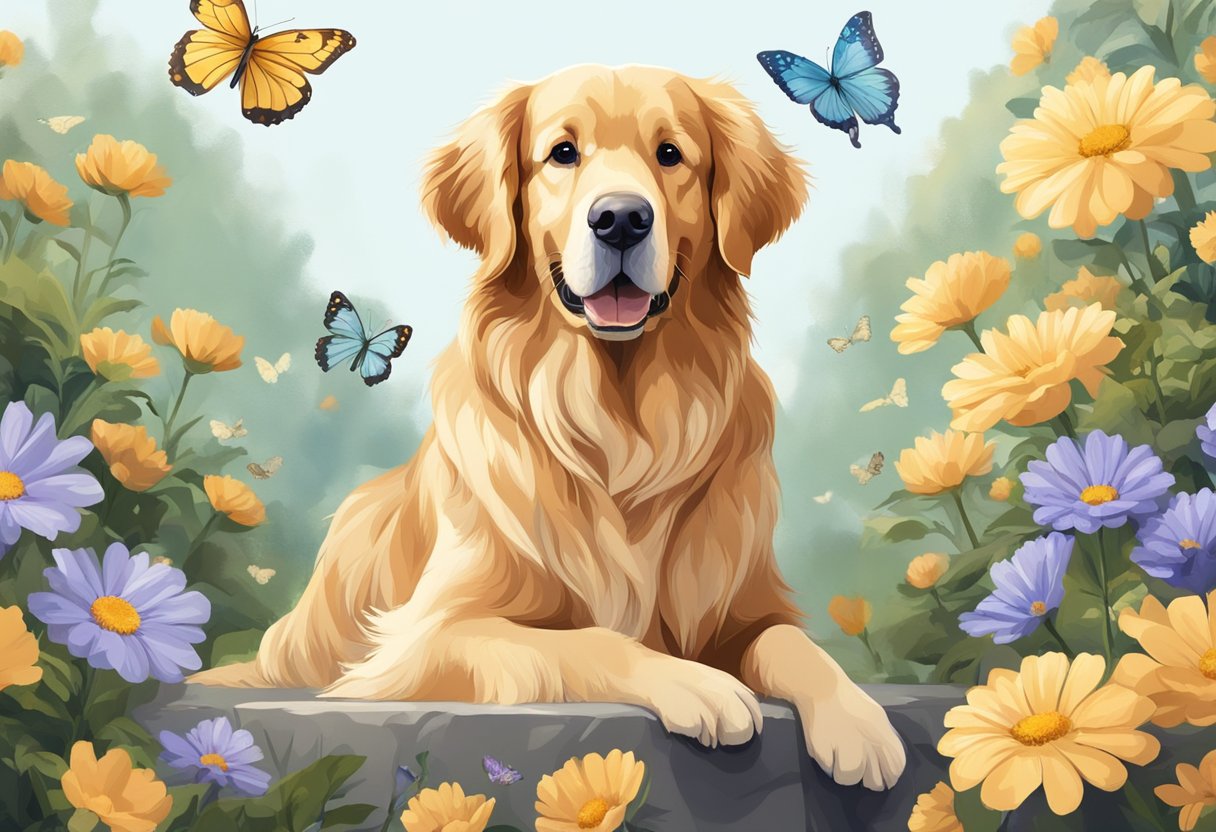 A golden retriever, with a soft and kind expression, sitting calmly with a wagging tail, surrounded by flowers and butterflies