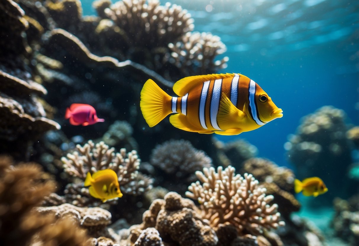 A vibrant coral reef teeming with colorful fish and surrounded by crystal-clear waters, with a distant view of a shipwreck and a group of divers exploring the underwater world