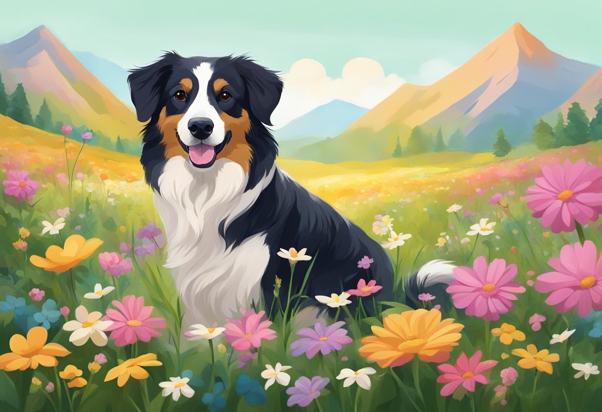 A gentle dog with a unique name sits on a grassy field, surrounded by colorful flowers and a warm, peaceful atmosphere