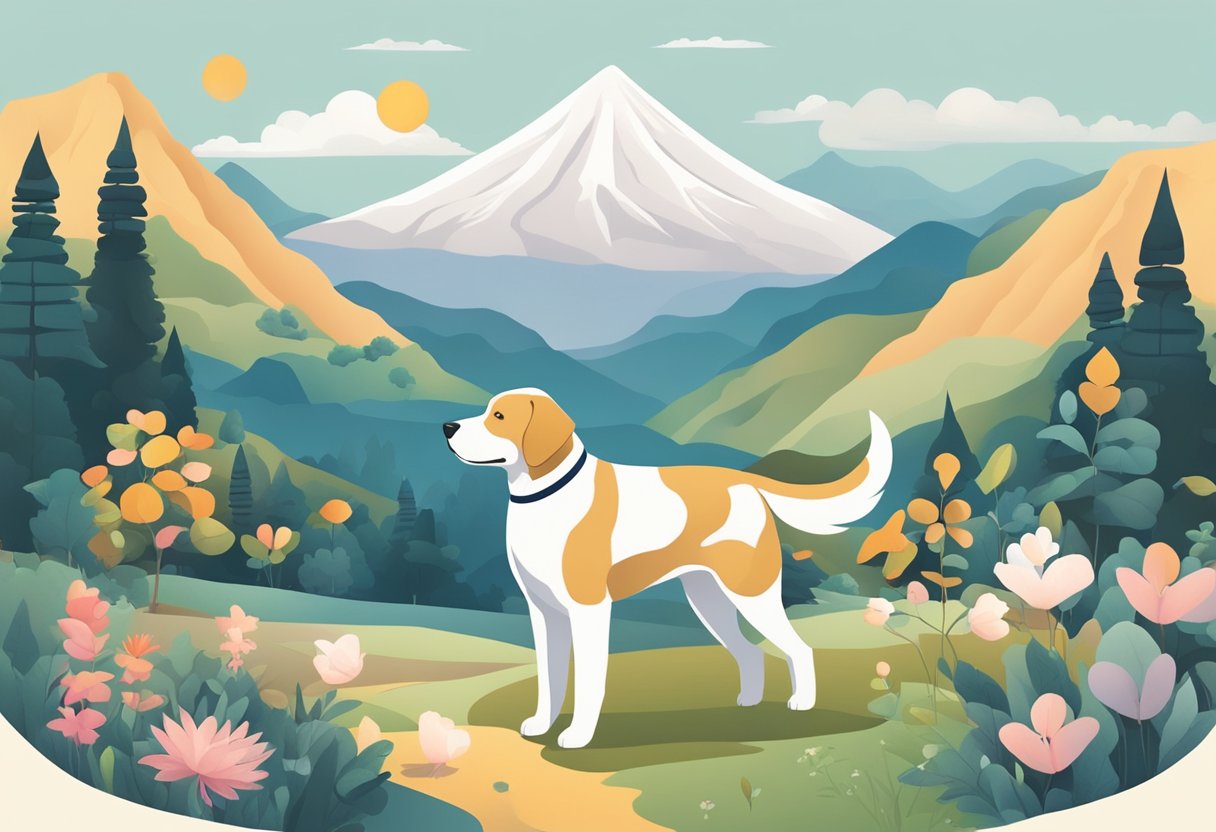 A serene mountain landscape with diverse cultural symbols and gentle dog breeds peacefully coexisting