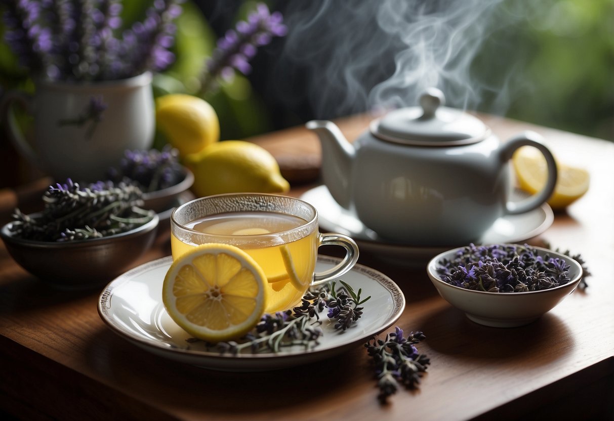 A steaming cup of lady grey tea next to a teapot filled with earl grey, surrounded by fresh lemon slices and sprigs of lavender