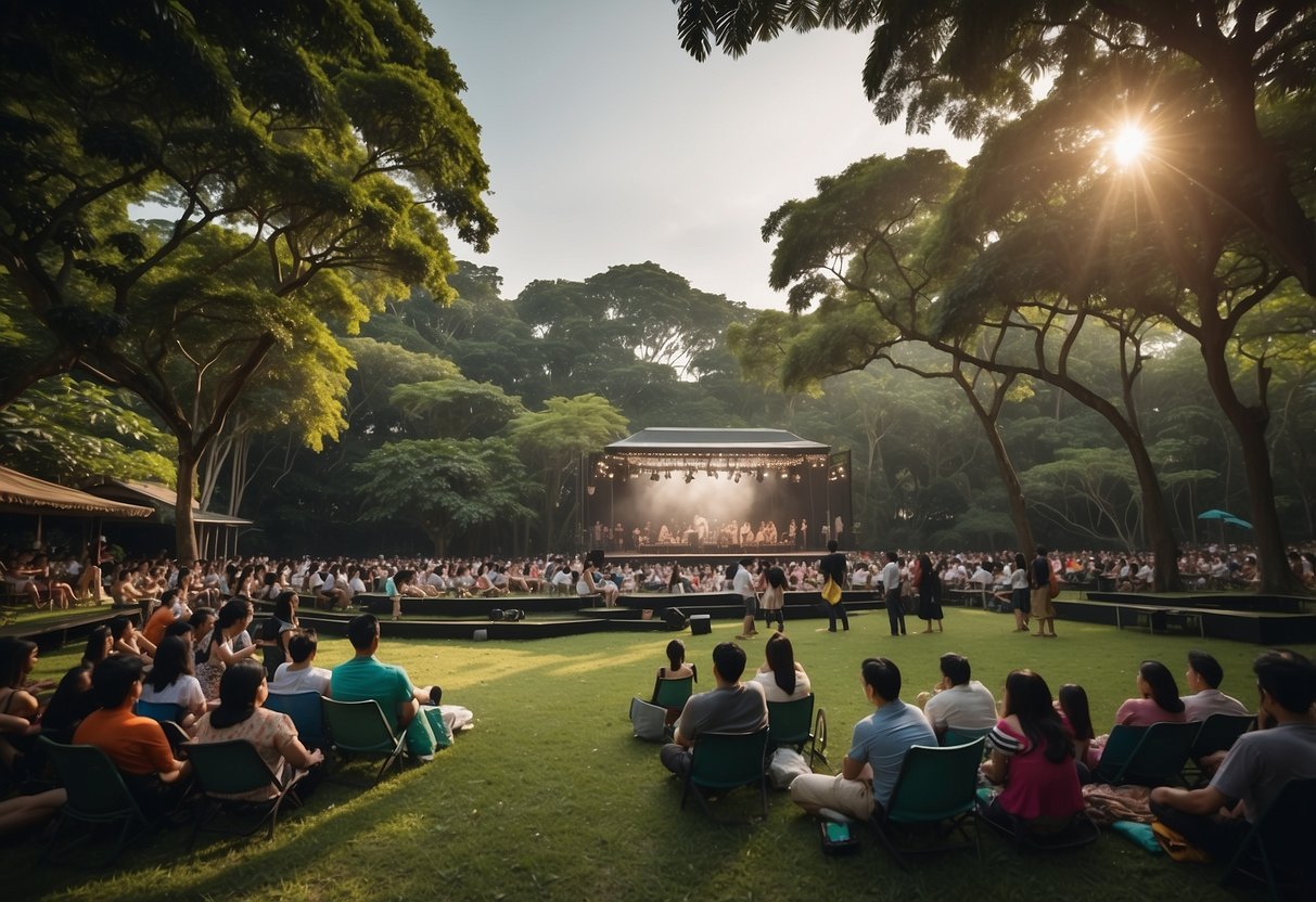 A bustling park in Singapore with a stage set for a performance of Shakespeare's play, surrounded by lush greenery and a diverse audience