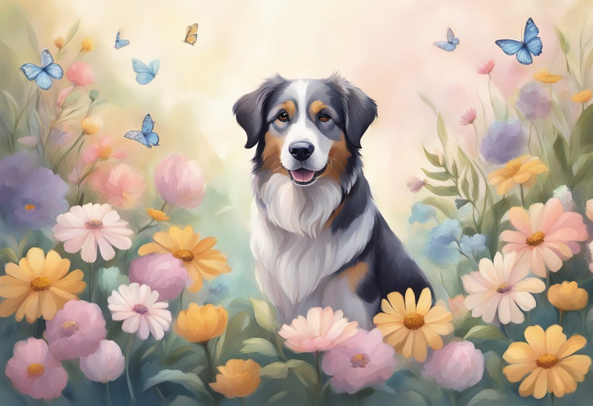 A friendly dog sitting calmly, surrounded by soft, pastel colors and gentle nature elements like flowers and butterflies