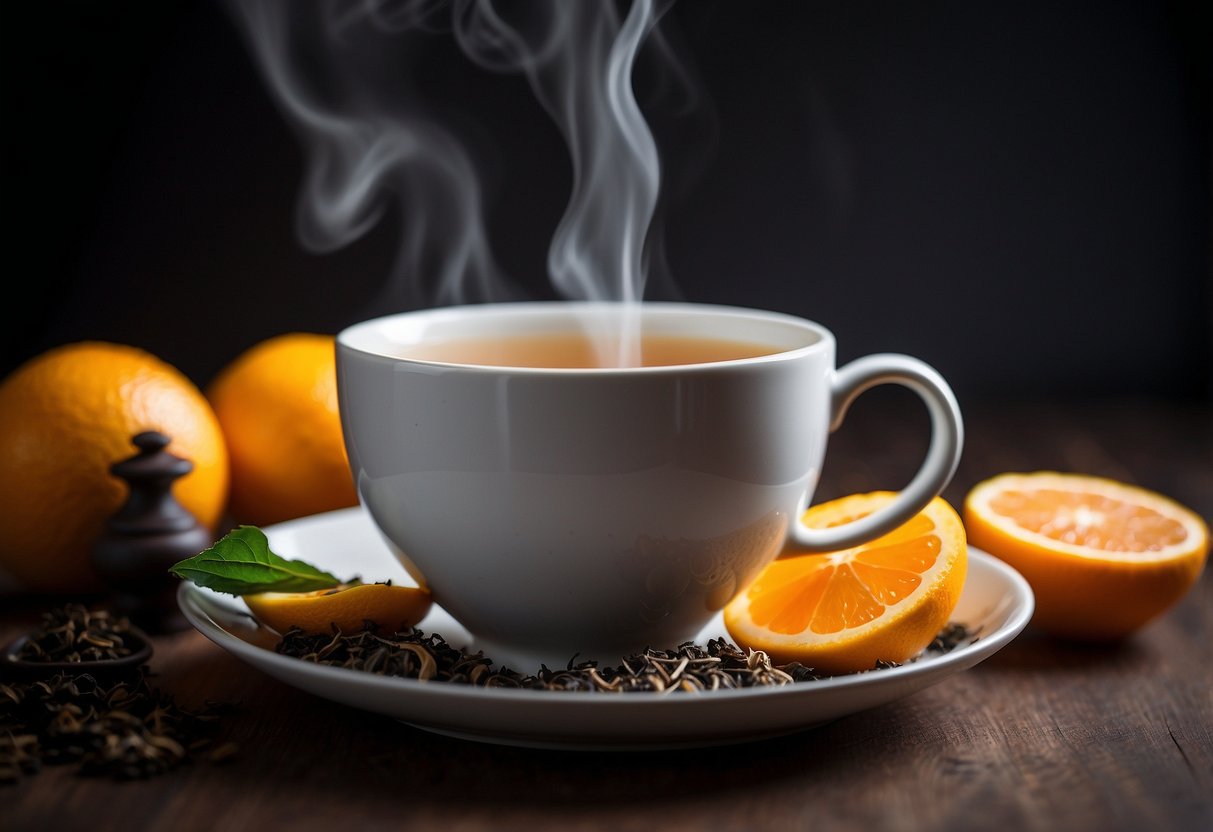 A steaming cup of Lady Grey tea is being poured next to a pot of Earl Grey, both surrounded by delicate tea leaves and citrus slices