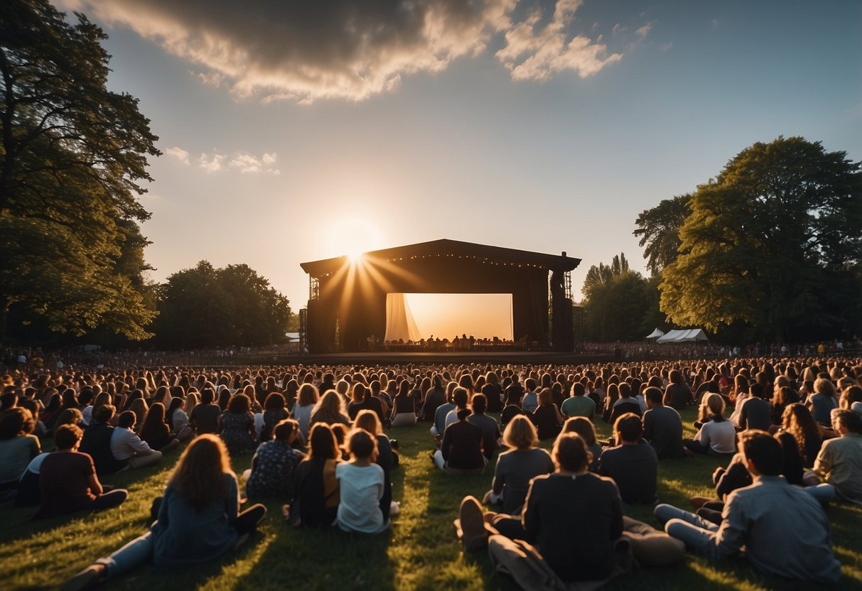 A crowd gathers in a lush park with a stage set for a performance. The sun sets as the audience eagerly awaits the start of the Shakespeare play