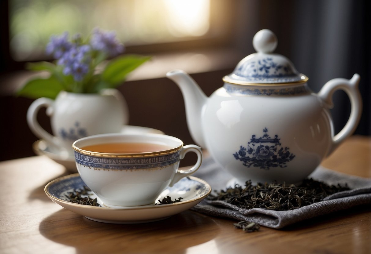 A table with two teacups, one labeled "Lady Grey" and the other "Earl Grey." A teapot sits nearby, surrounded by loose tea leaves