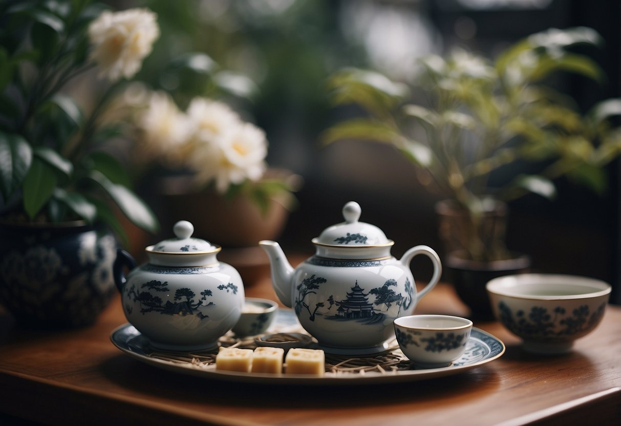 A tea ceremony with Lady Grey and Earl Grey, surrounded by traditional British and Chinese cultural symbols