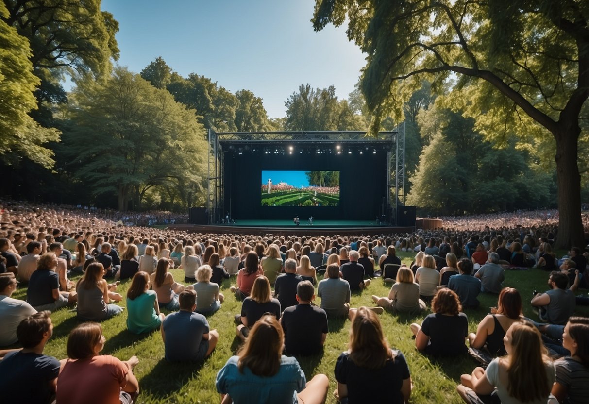 Audience watches actors perform Shakespeare in a lush green park setting, surrounded by trees and under a clear blue sky